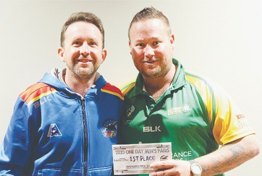 Above: Winners of Raymond Terrace Men’s Pairs Lennon Scott and Joel Field